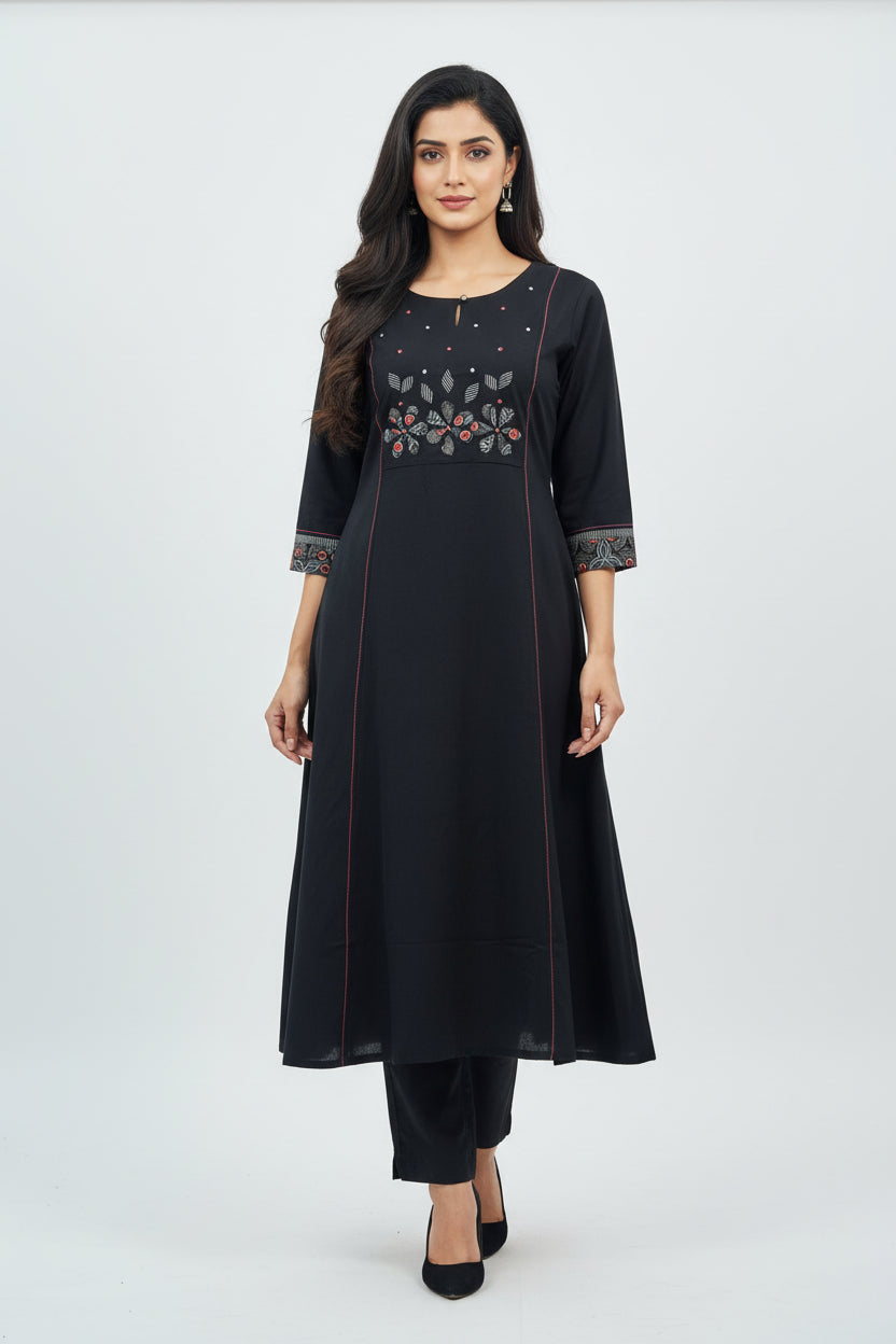 Black Linen Cotton Airline Cord Set kurtha 252