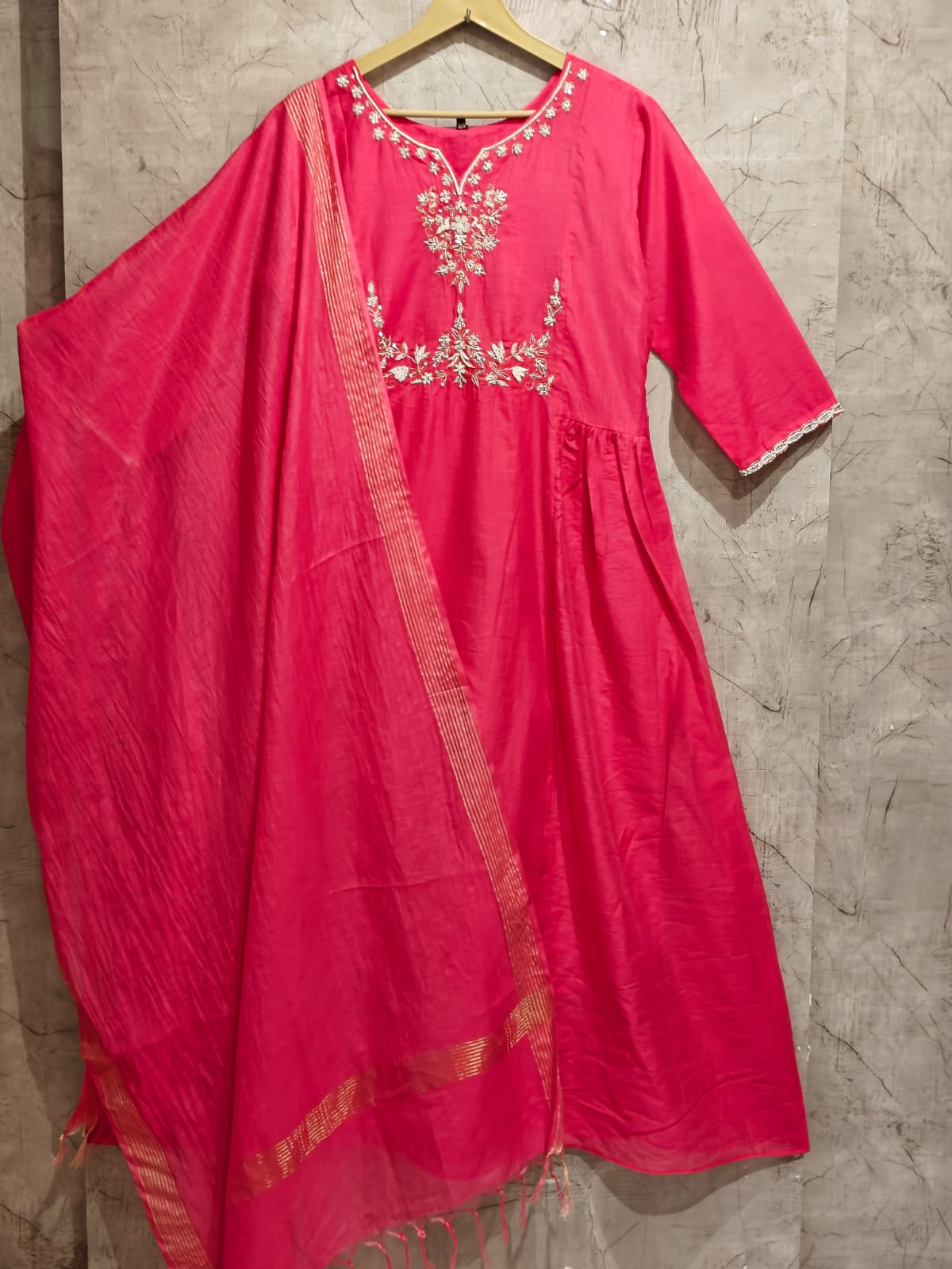 Pink Mul Chanderi silk Kurtha 765 with Handwork Embroidery