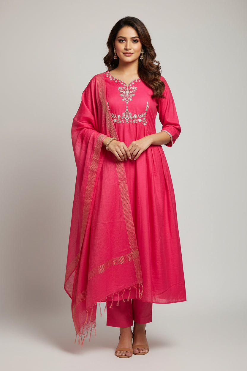 Pink Mul Chanderi silk Kurtha 765 with Handwork Embroidery