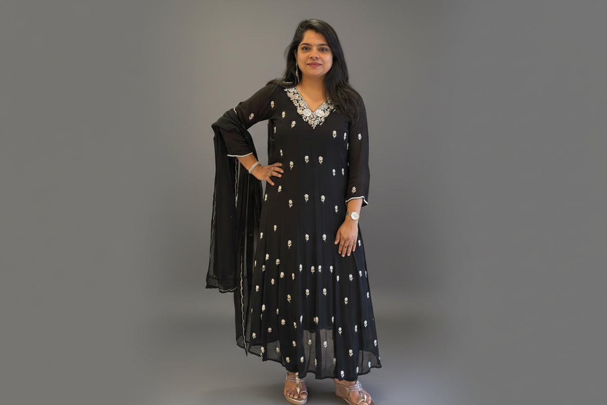 “Pari" Black Anarkali Chinnon Handwork Partyware Kurtha 567
