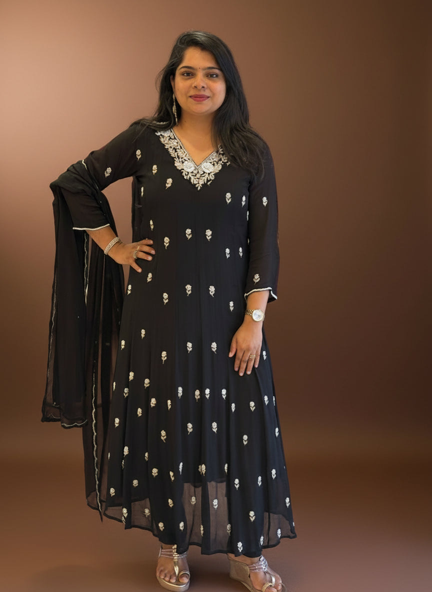 “Pari" Black Anarkali Chinnon Handwork Partyware Kurtha 567