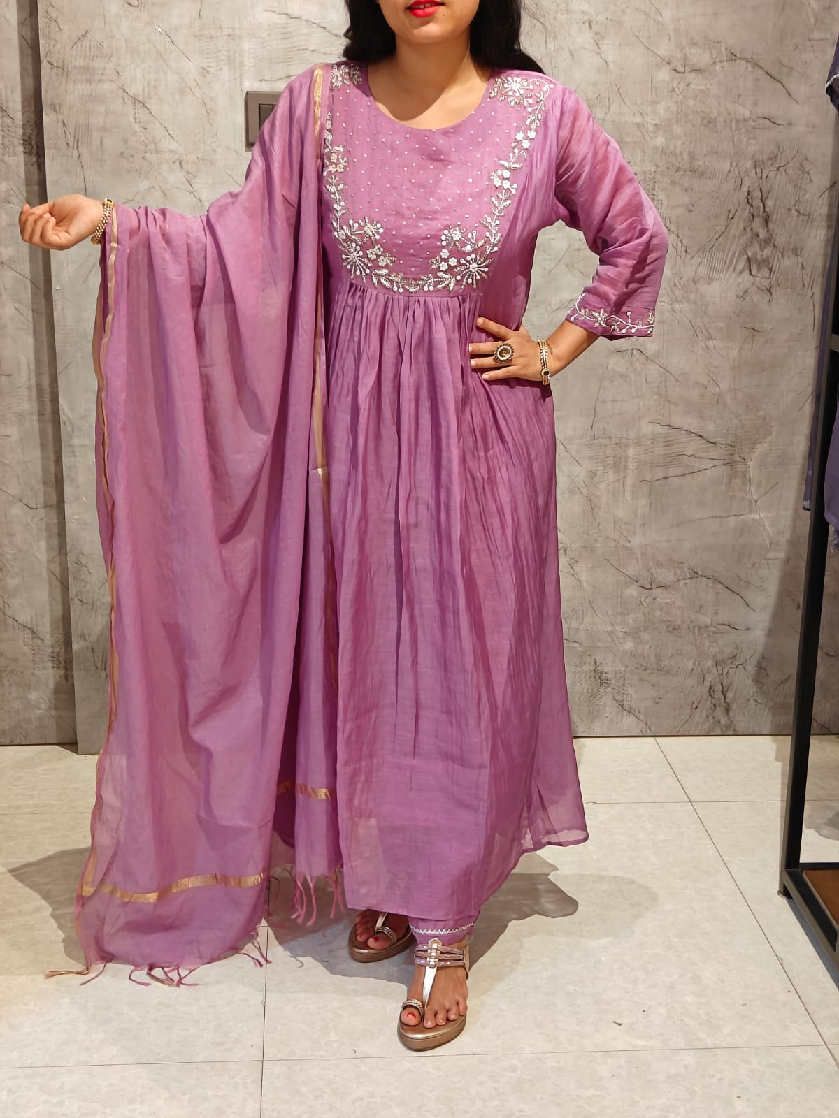 Pink Mul Chanderi Hand Embroidery Airline Kurtha093