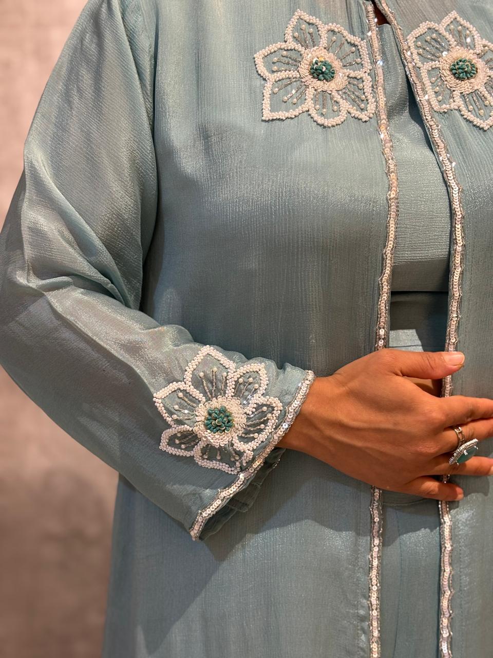 "PARI" Blue Designer Kurtha 43 Set with Handwork Top, Palazoo and Jacket Indo-western cape