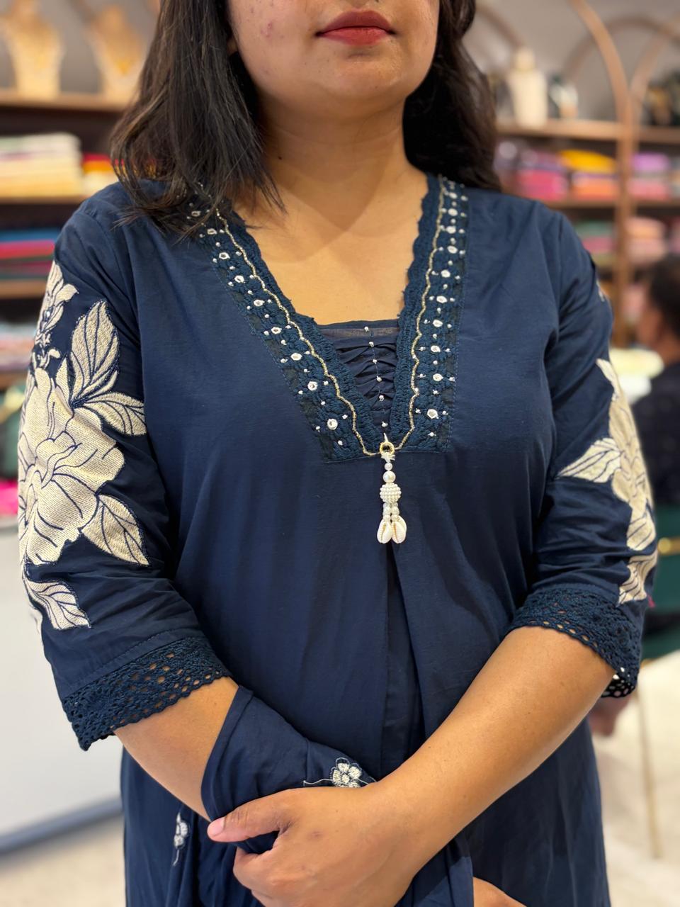 Navy Blue Cotton Hand Embroidery Straight Fit Kurtha 597