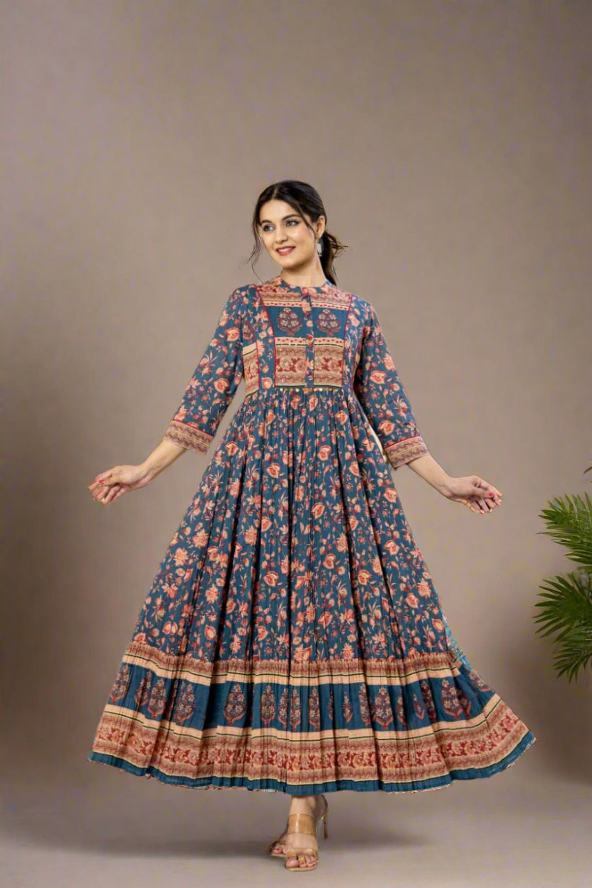 "Gown" Kalamkari Blue Mul Cotton Anarkali Kurtha 98