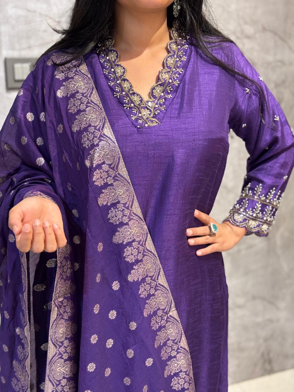 Purple  Dola Silk Kurtha 66 Hand Embroidery  with Banarasi Dupatta