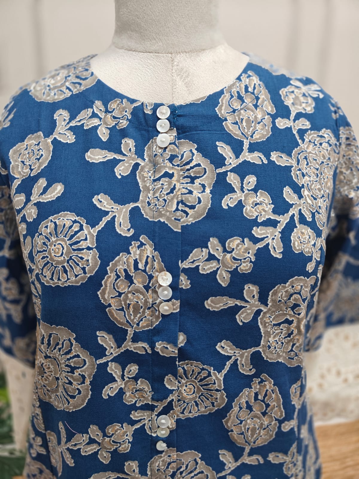 Blue Lenin Cotton Thread Embroidery Airline 1 pc Kurtha 372