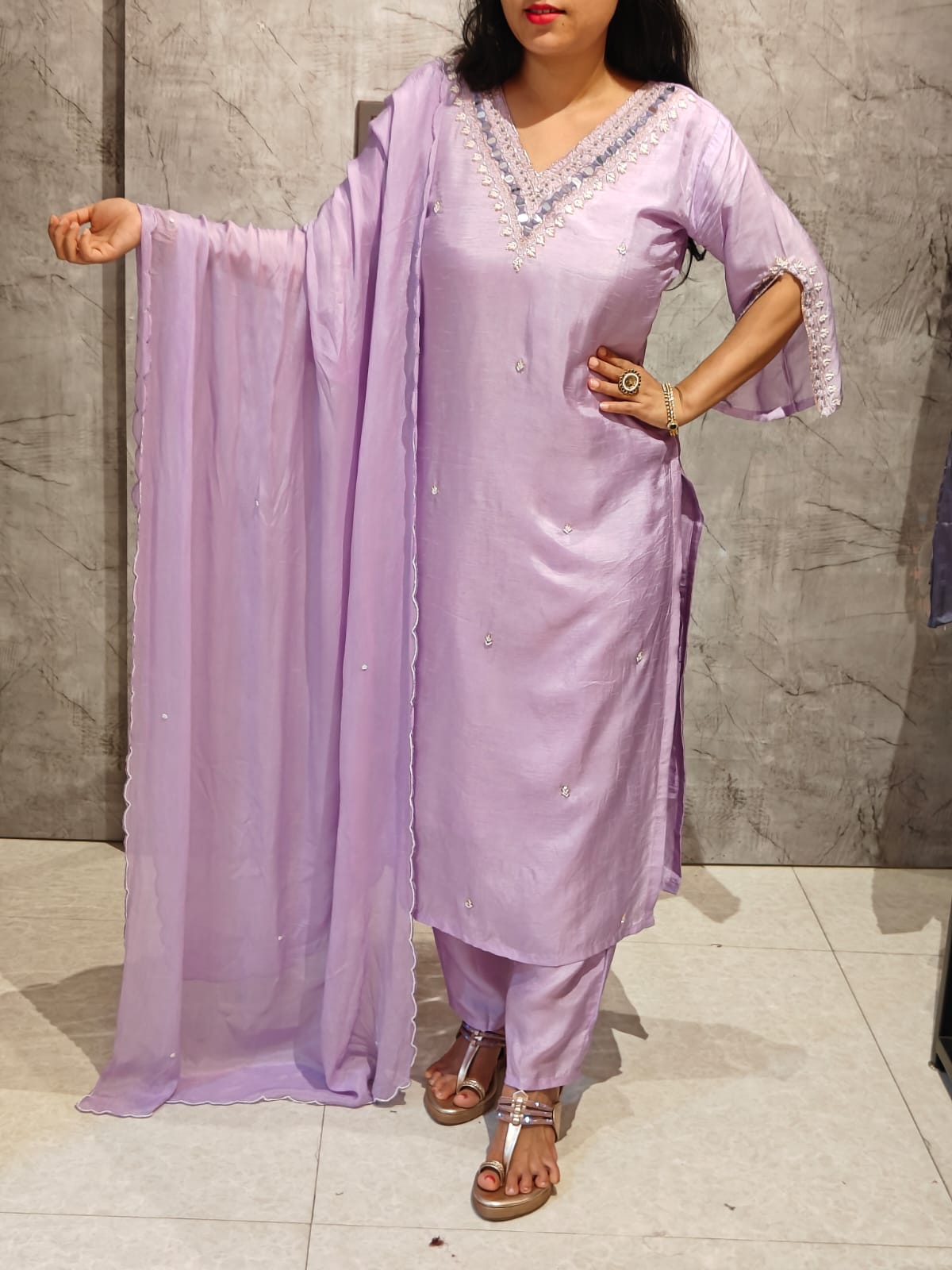Lilac Dola Silk Hand Embroidery Straight Fit Kurtha 454