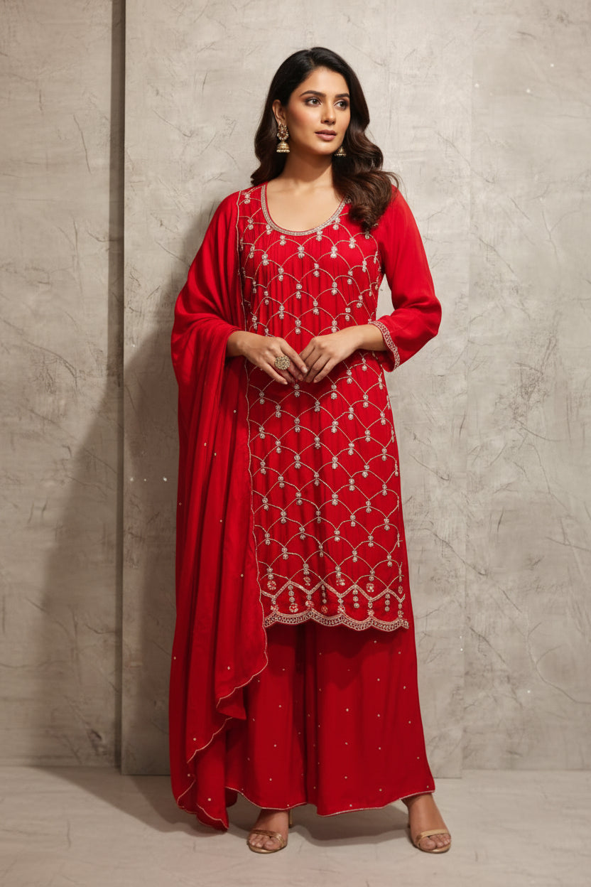 “Pari" Red chinnon handwork party ware Kurtha set