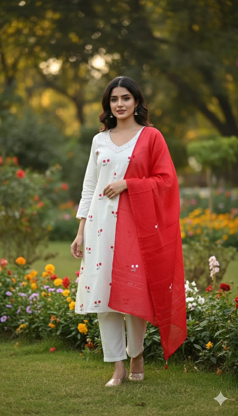 White nd Red Lenon Cotton Straight Fit Kurtha