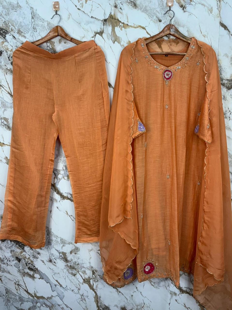 Orange Mul Chanderi Airline Handwork Kurtha