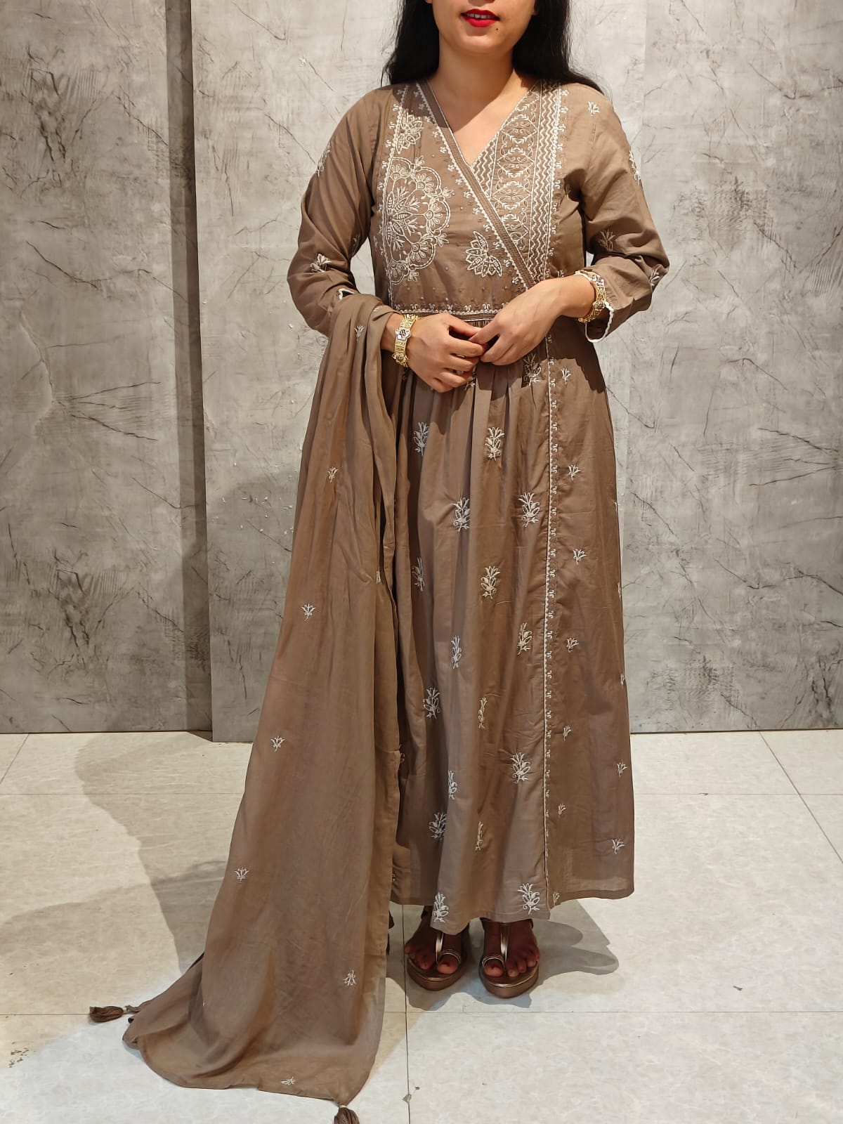Light Brown Mul Cotton Knot Thread Work Embroidery Airline Kurtha 63