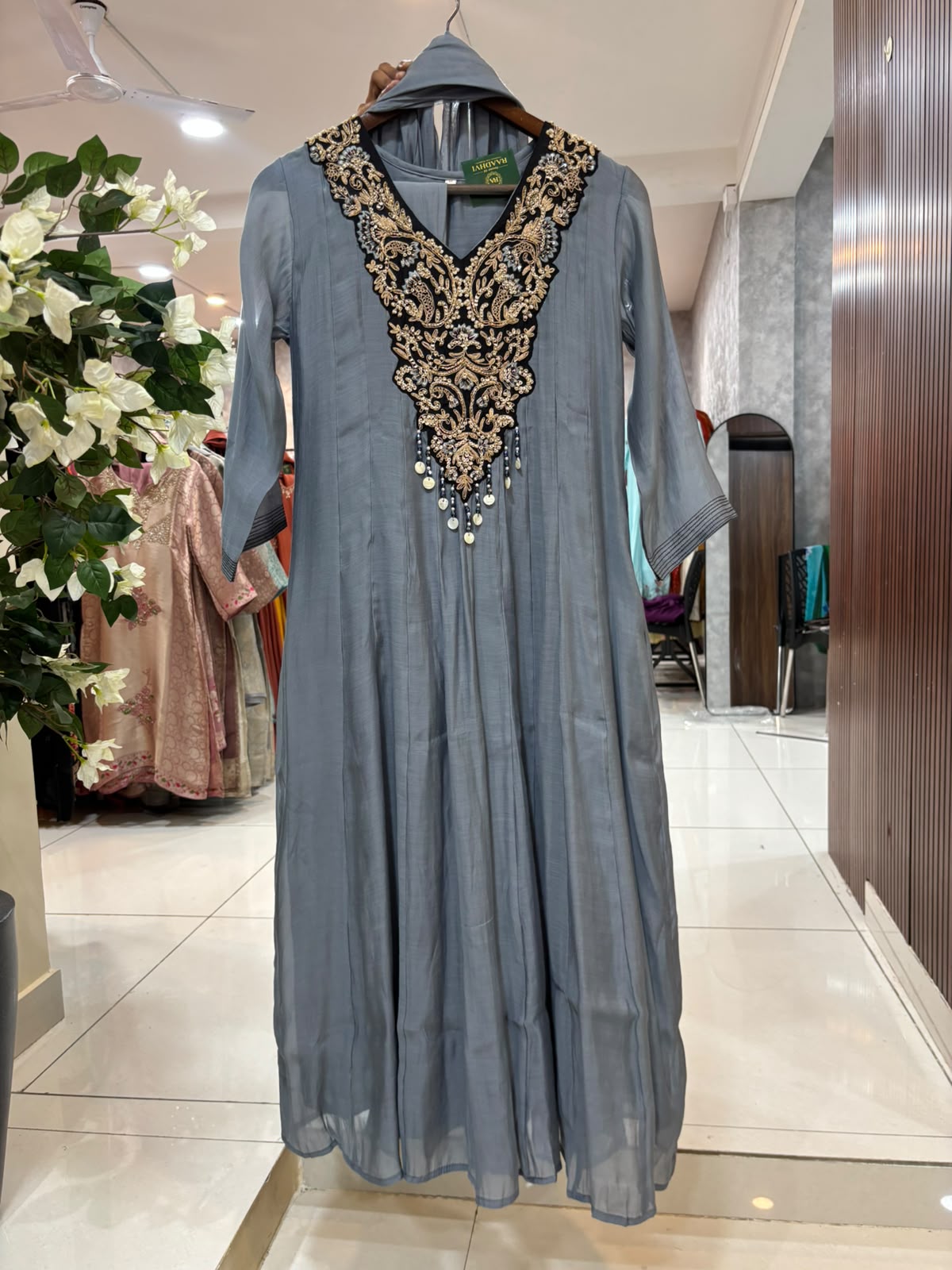 ONION PINK MUL CHANDHERI Handwork Partyware Kurtha 225