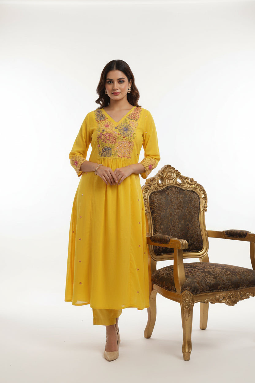 Yellow Cotton Hand Embroidery Airline Kurtha