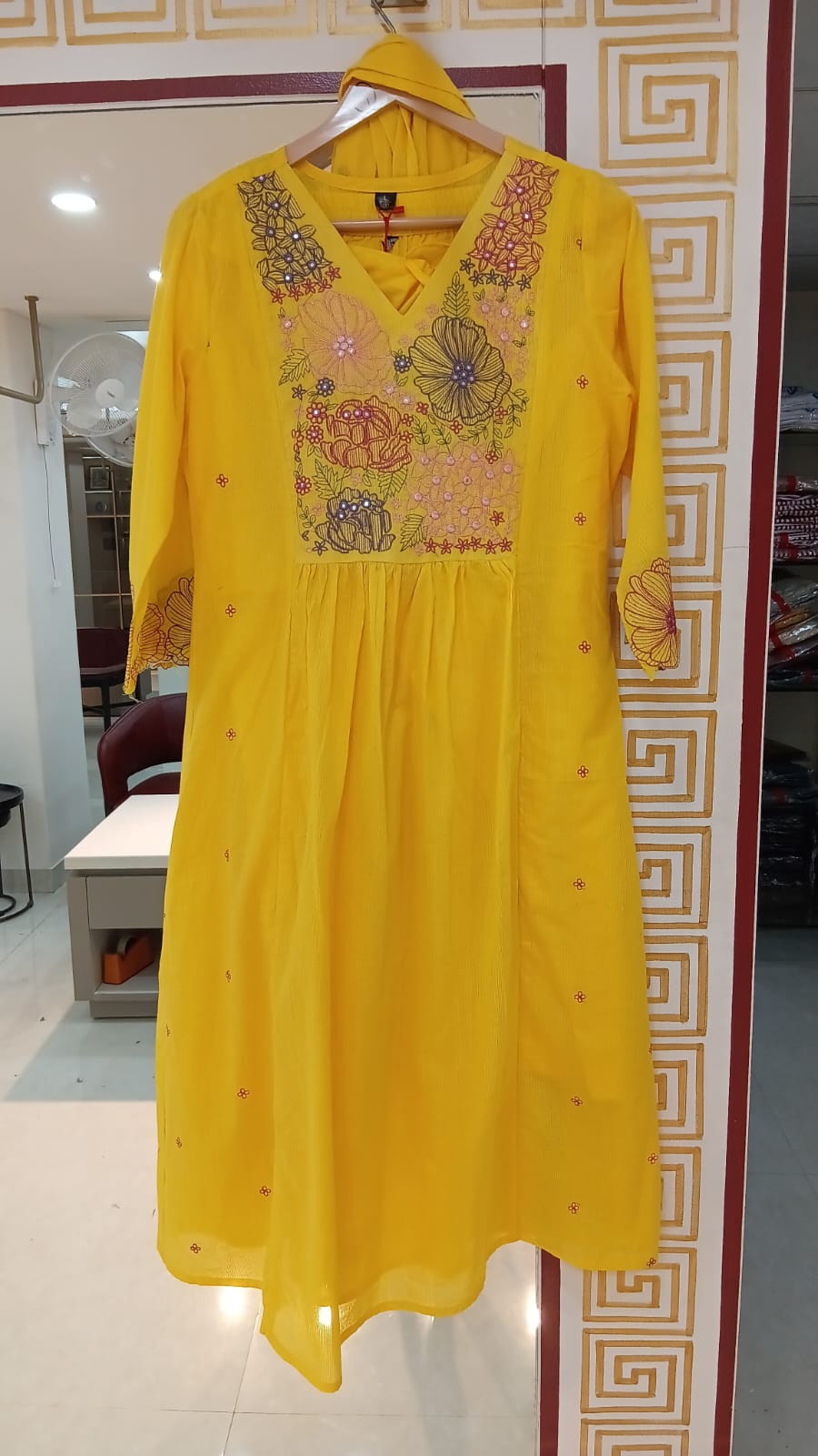 Yellow Cotton Hand Embroidery Airline Kurtha