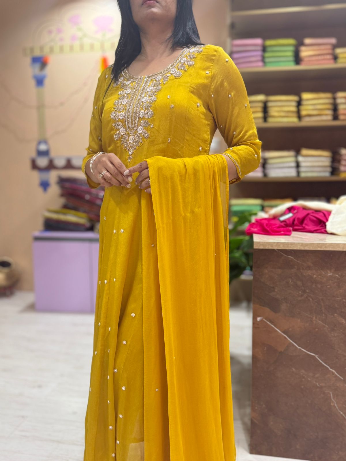 "Pari" Mastuard Yellow Anarkali Handwork Kurtha 567