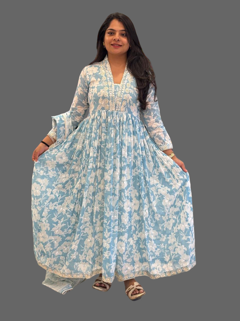 “Naya” Sky blue Mul Cotton 3pcs Kurtha suit with block prints and embroidery 242