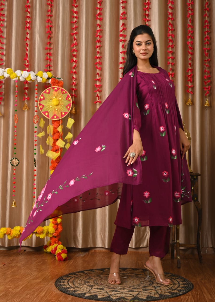 Magenta Pink Hand Painted Mul Cotton Airline Kurtha 517