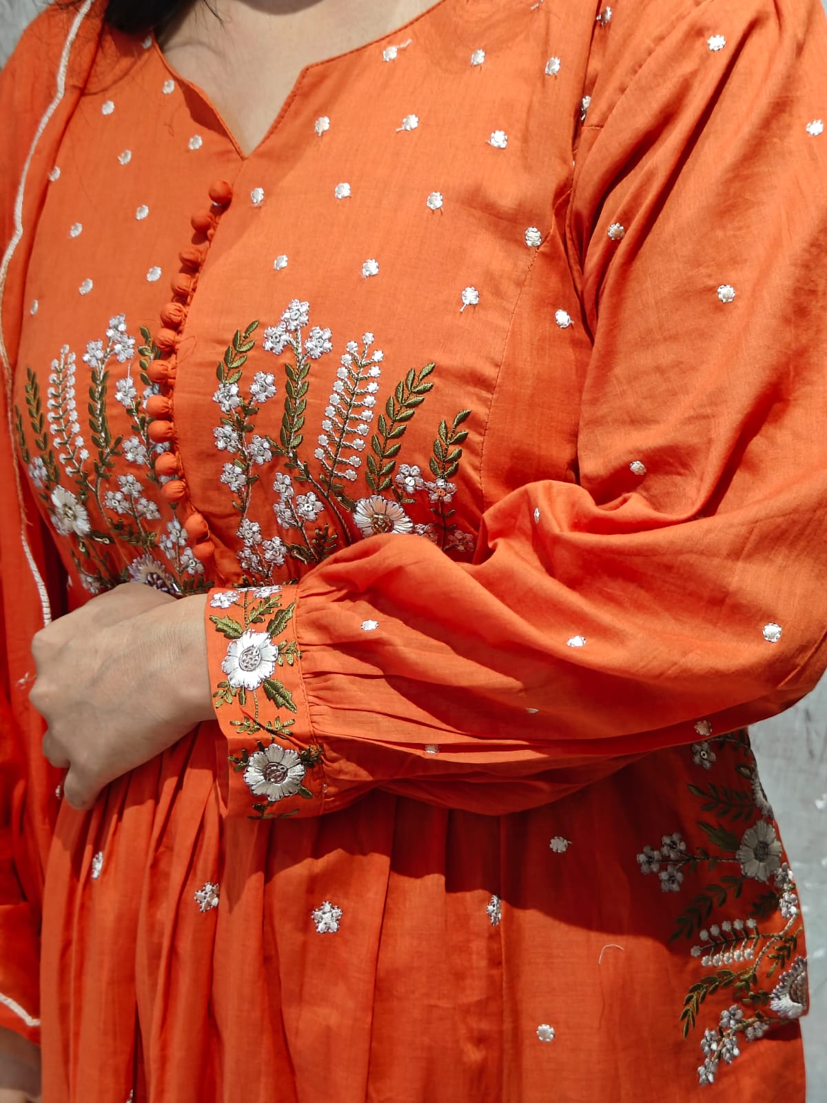 “Naya” Orange Cotton Thread Embroidery  kurtha 009