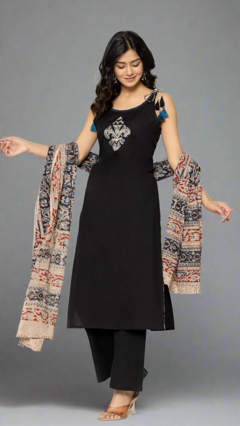 Black Mul Cotton With Kalamakari  Dupatta Kurtha 440