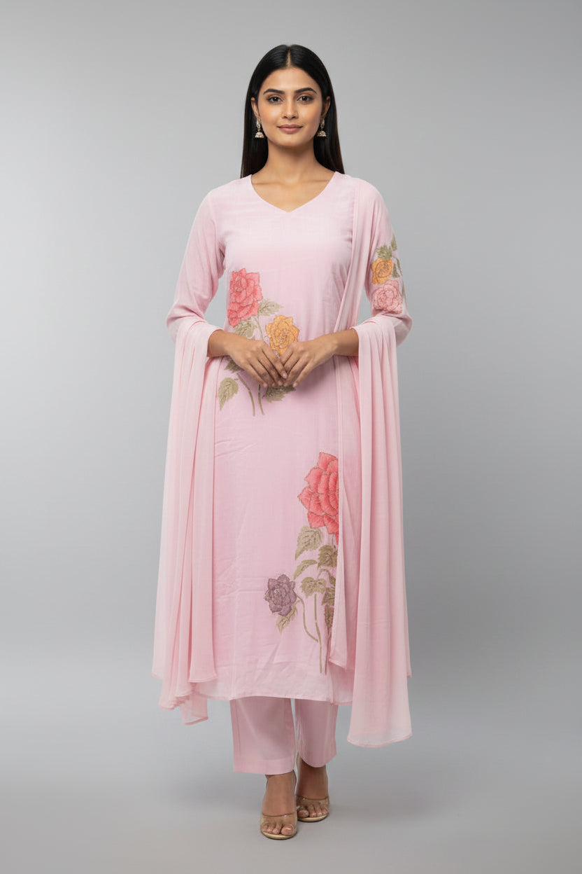 Pink Crepe Hand Embroidery Airline Kurtha