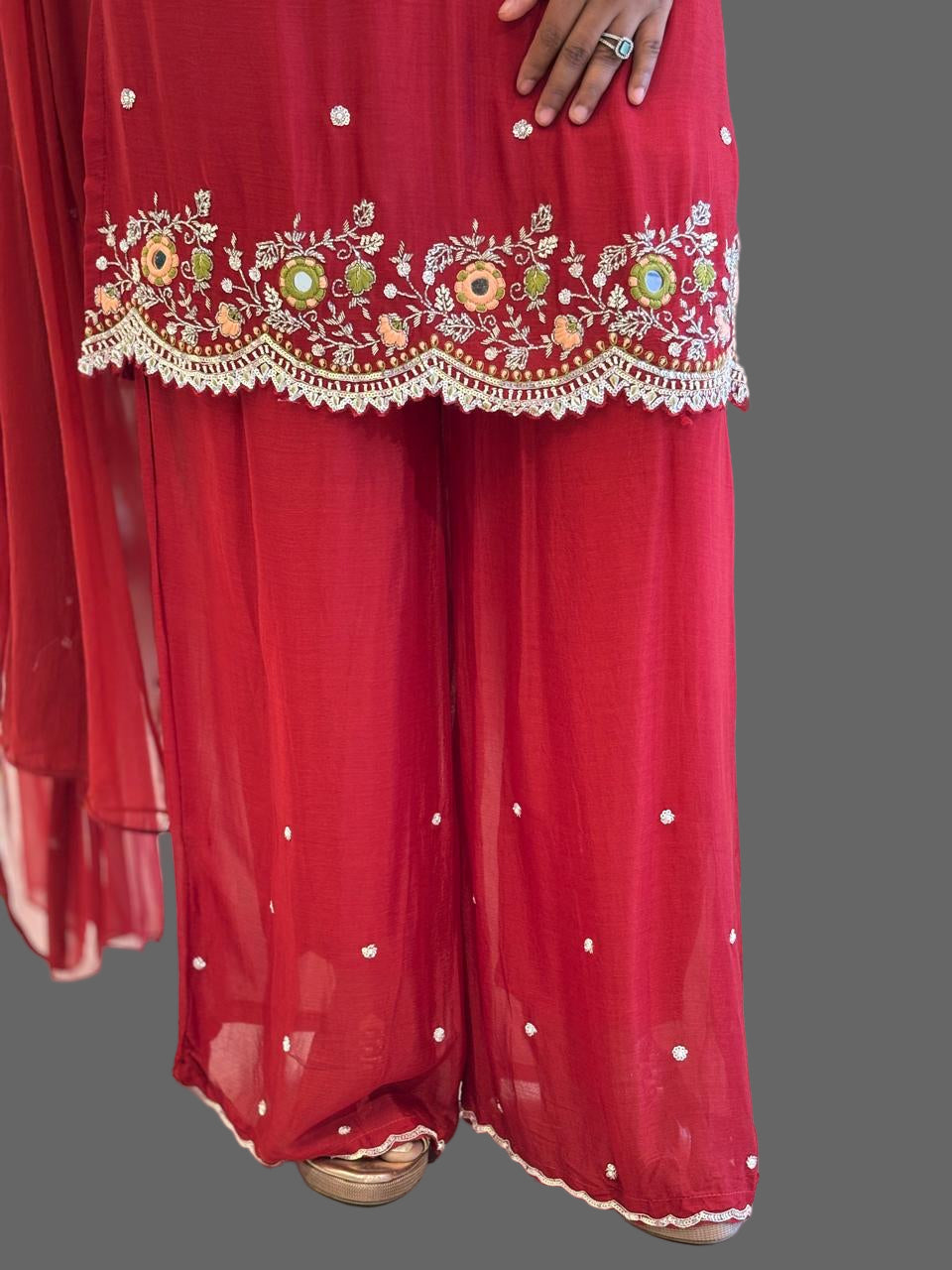 Red Chinnon Hand Embroidery Sharara Kurtha 301