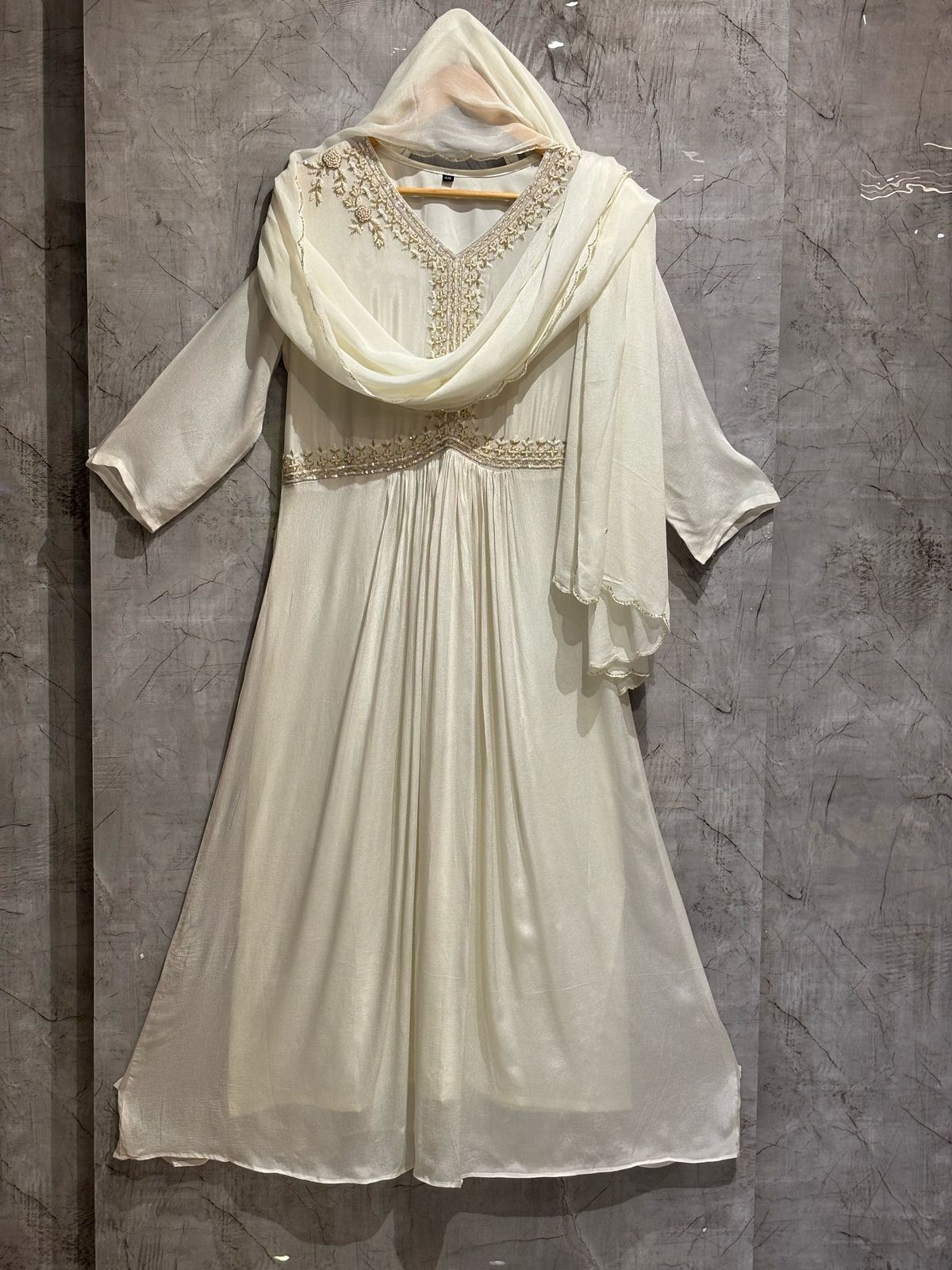 "Pari" White Anarkali Chinnon handwork party ware Kurtha set