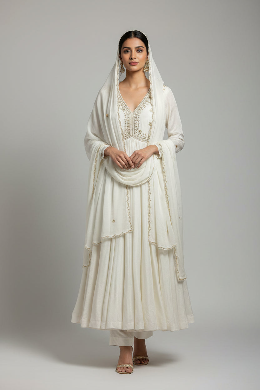 "Pari" White Anarkali Chinnon handwork party ware Kurtha set
