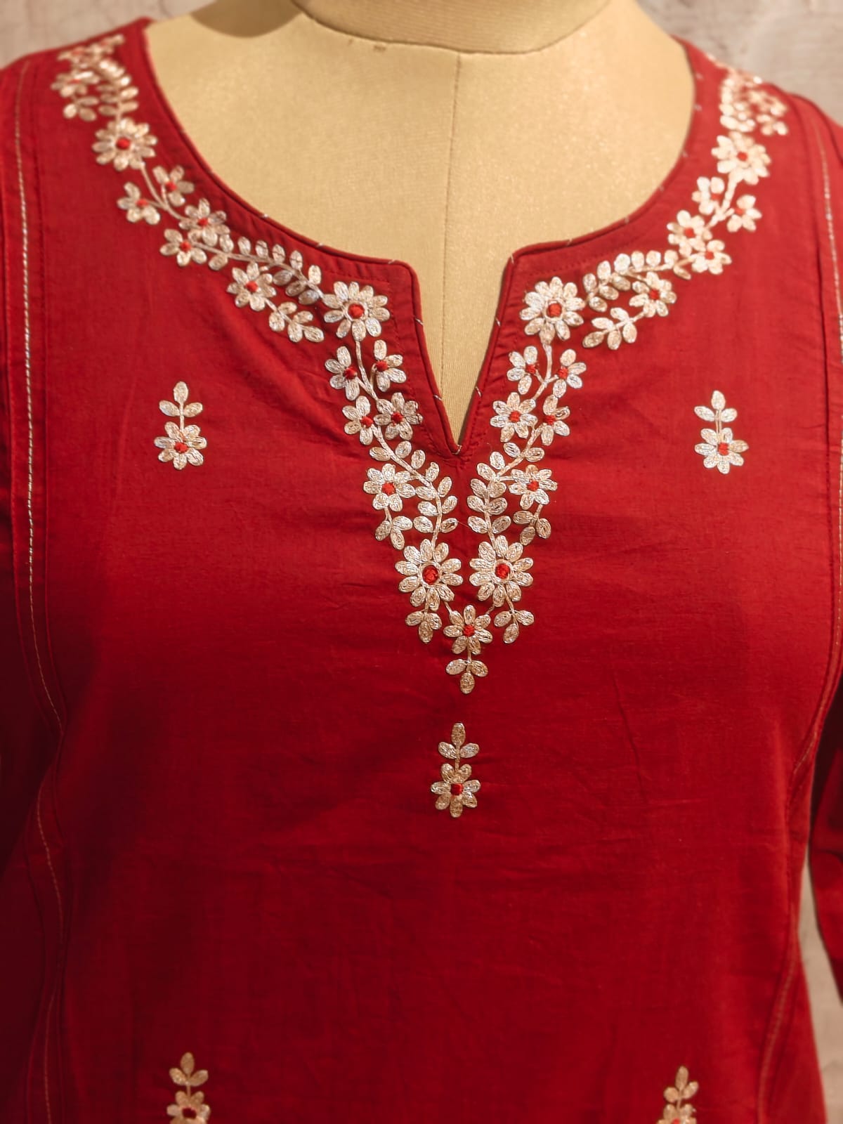 Maroon Hand Embroidery Cotton Straight Fit Kurtha 377