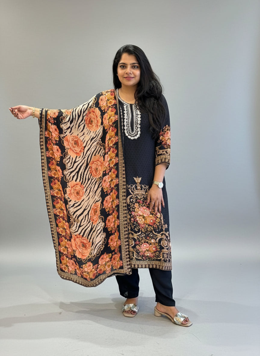Black Digital Print Handwork Crepe Kurtha 533
