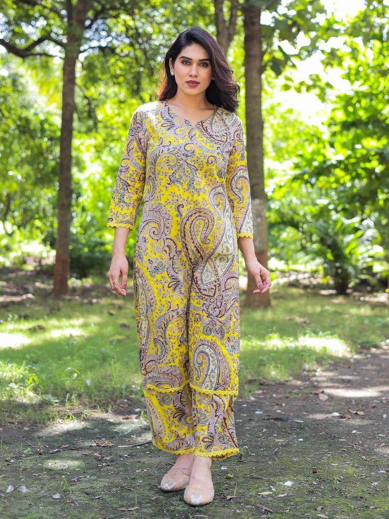 "KALI" Yellow Kalamkari Mul Cotton Cord Set Kurtha