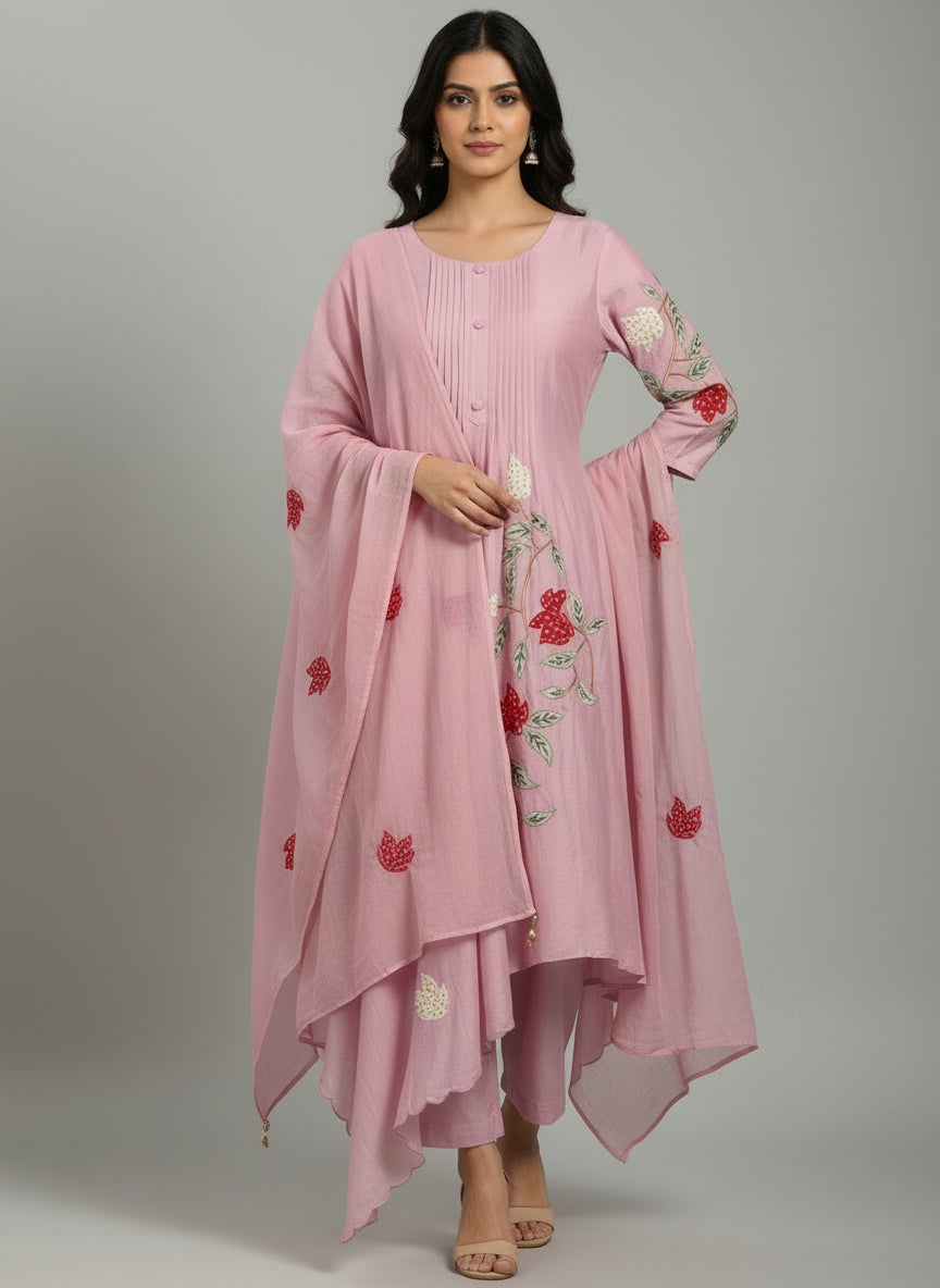 Lavender Mul Chanderi Anarkali Handwork Kurtha