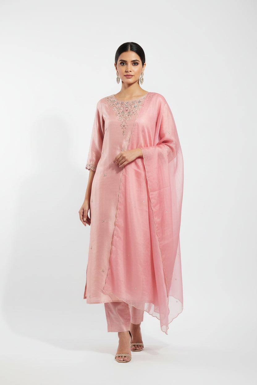 "Chandini" Baby Pink shimmer Kurtha set with hand embroidery, organza dupatta