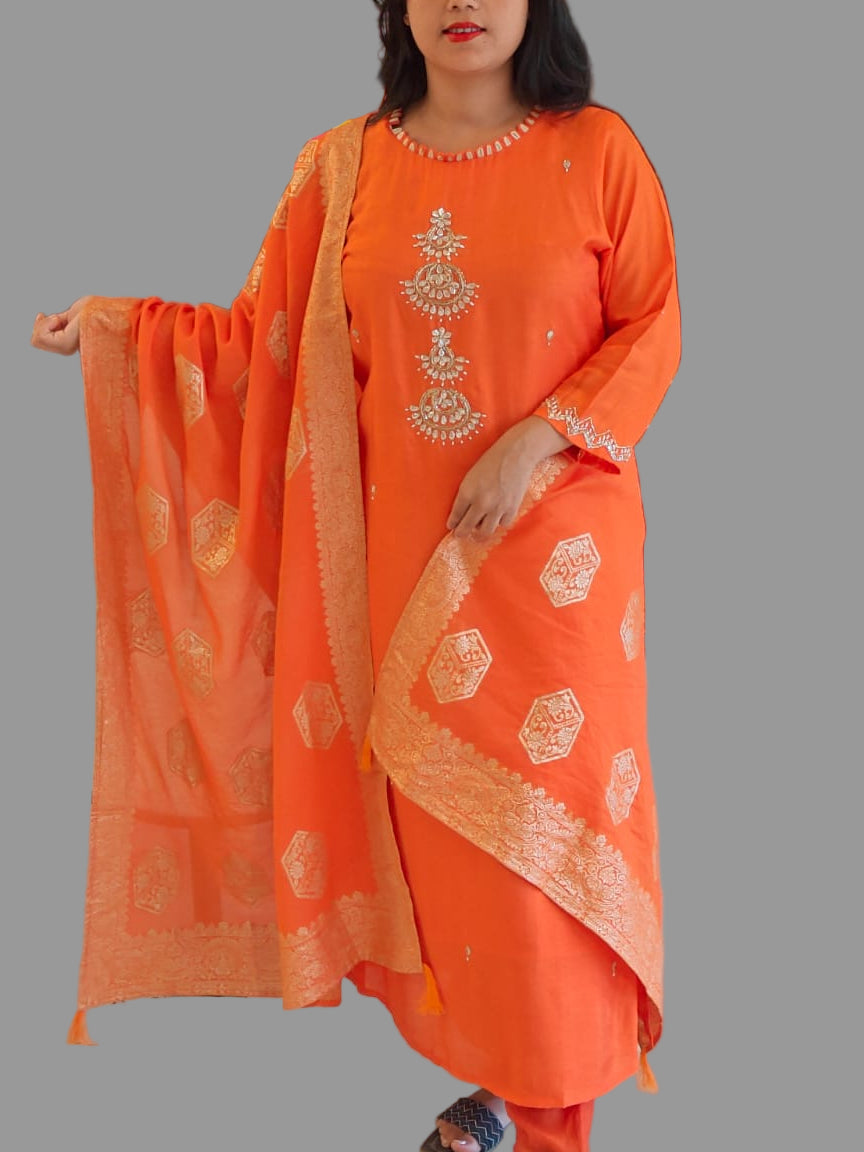 Orange Dola Silk Handwork Straight Fit Kurtha 49