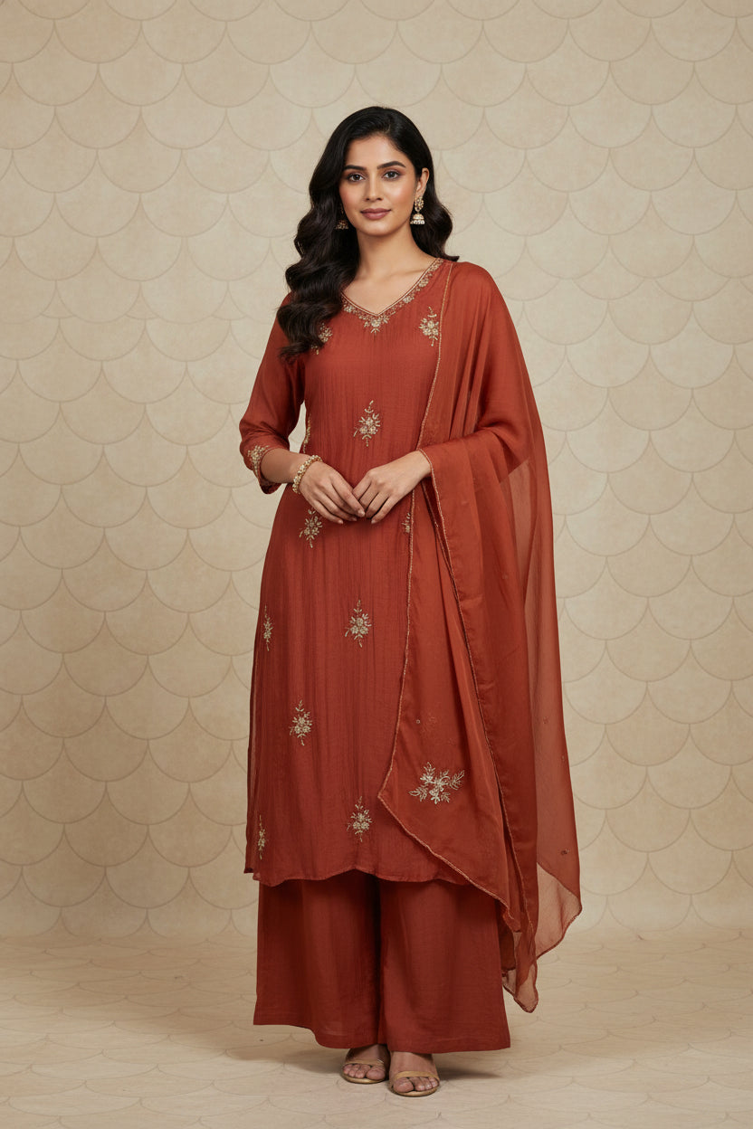 Rustic Orange pink Mul Chanderi Hand Embroidery A Line Kurtha 392