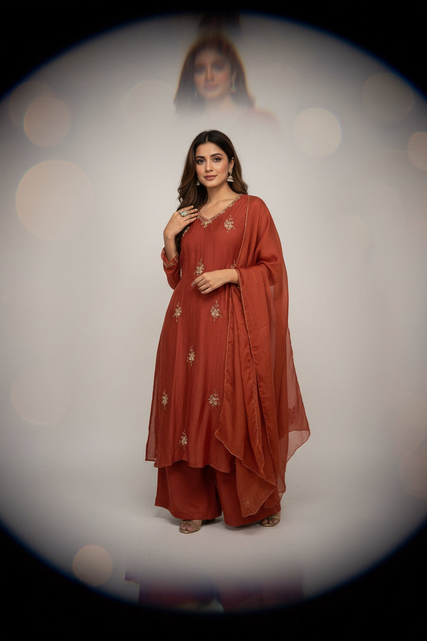 Rustic Orange pink Mul Chanderi Hand Embroidery A Line Kurtha 392