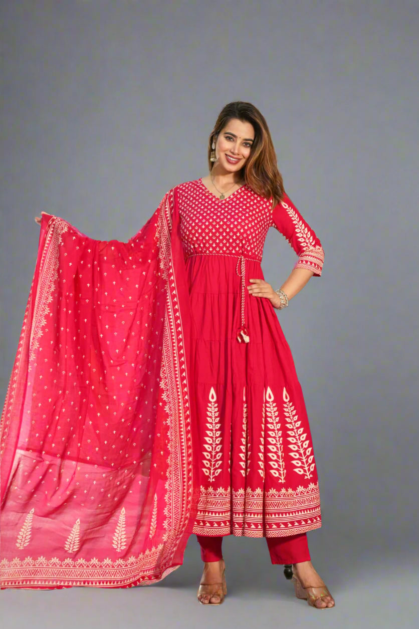 "Naya" Pink Mul Cotton Block Print  Anarkali Kurtha 100
