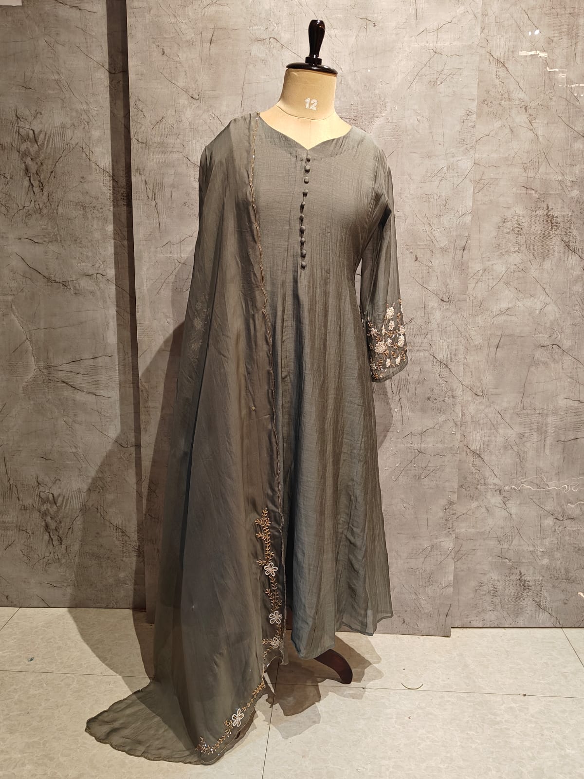 Gray Mul Chanderi Hand Embroidery A Line Kurtha 686