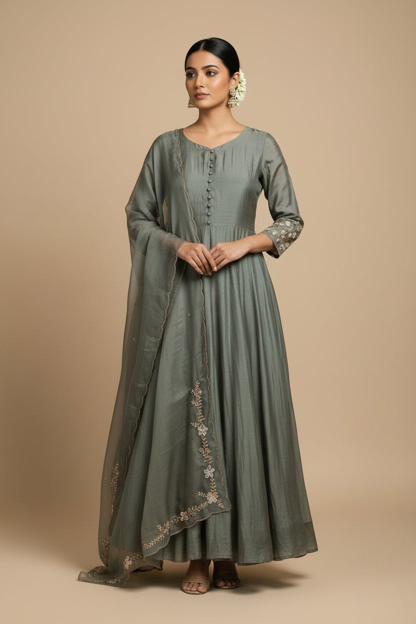 Gray Mul Chanderi Hand Embroidery A Line Kurtha 686