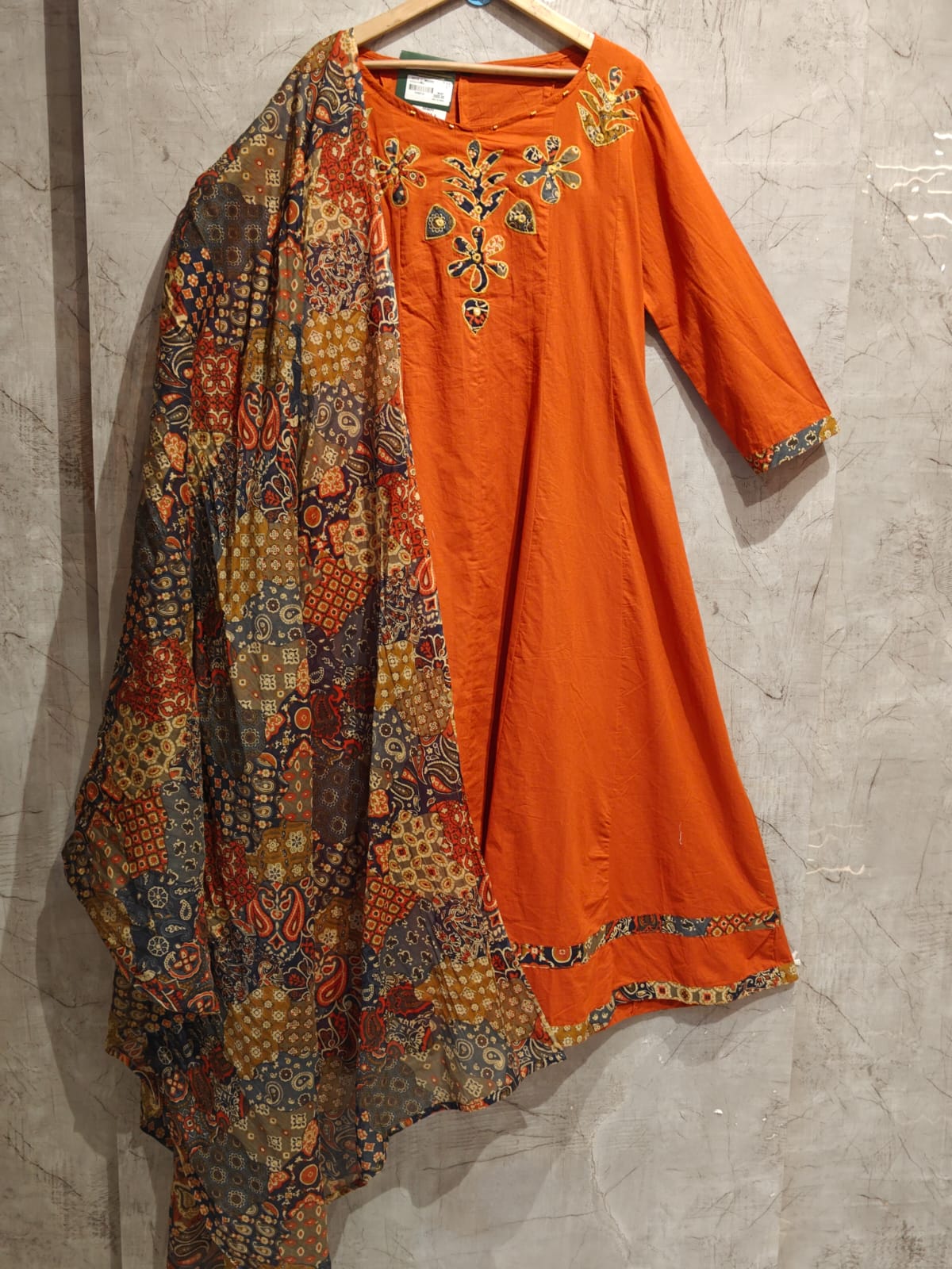 Orange Cotton Hand Embroidery ANRAKALI Kurtha 389