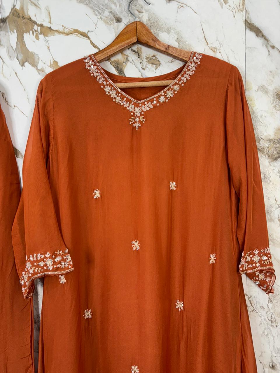 Orange Chanderi Thread Embroidery Airline Kurtha 284