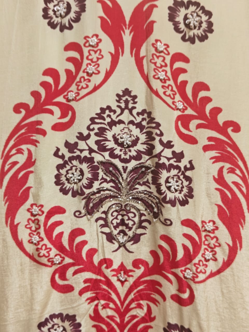 Cream Digital Print Handwork Crepe Kurtha 533