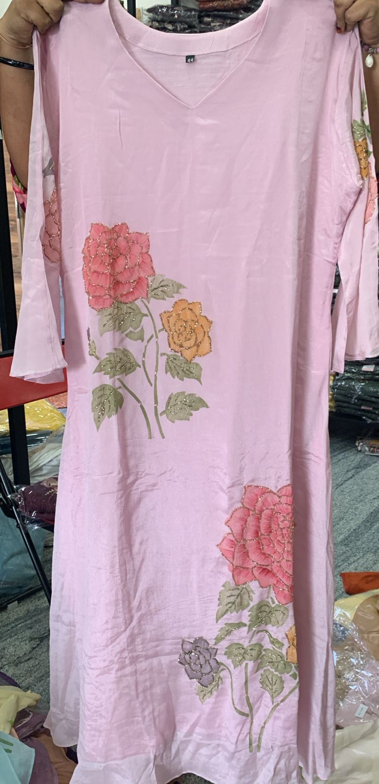 Pink Crepe Hand Embroidery Airline Kurtha