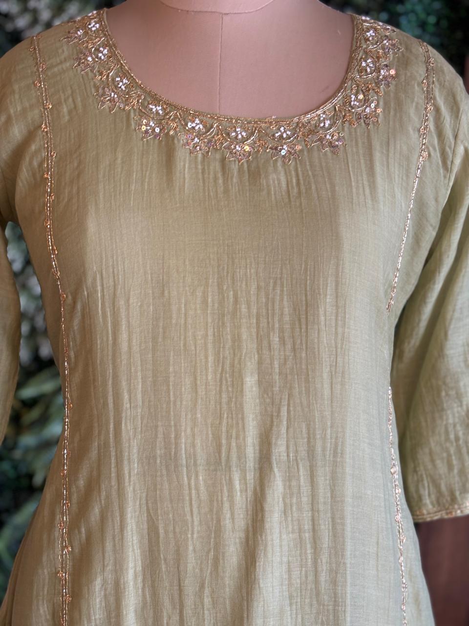 Green Mul Chanderi Airline Handwork Kurtha 581