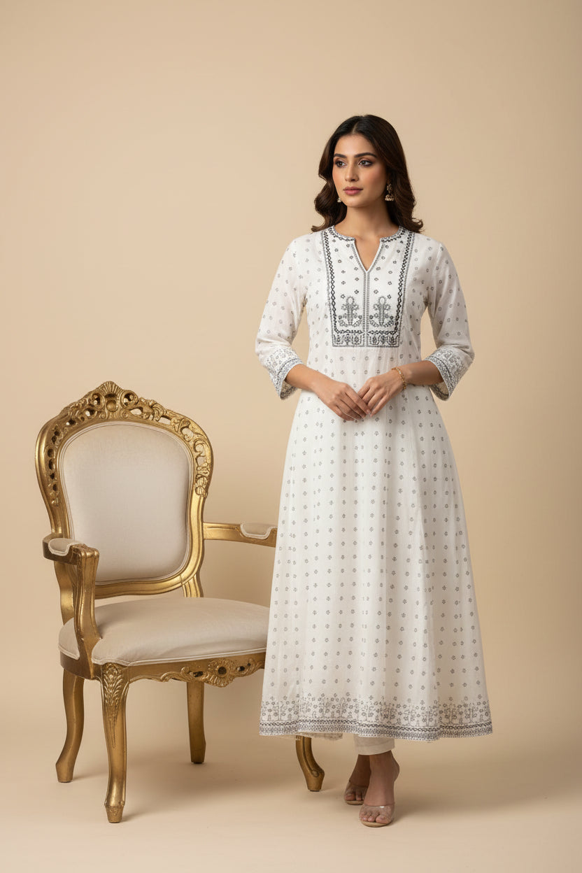 White and Black embroidery mul Cotton A Line Kurtha 151