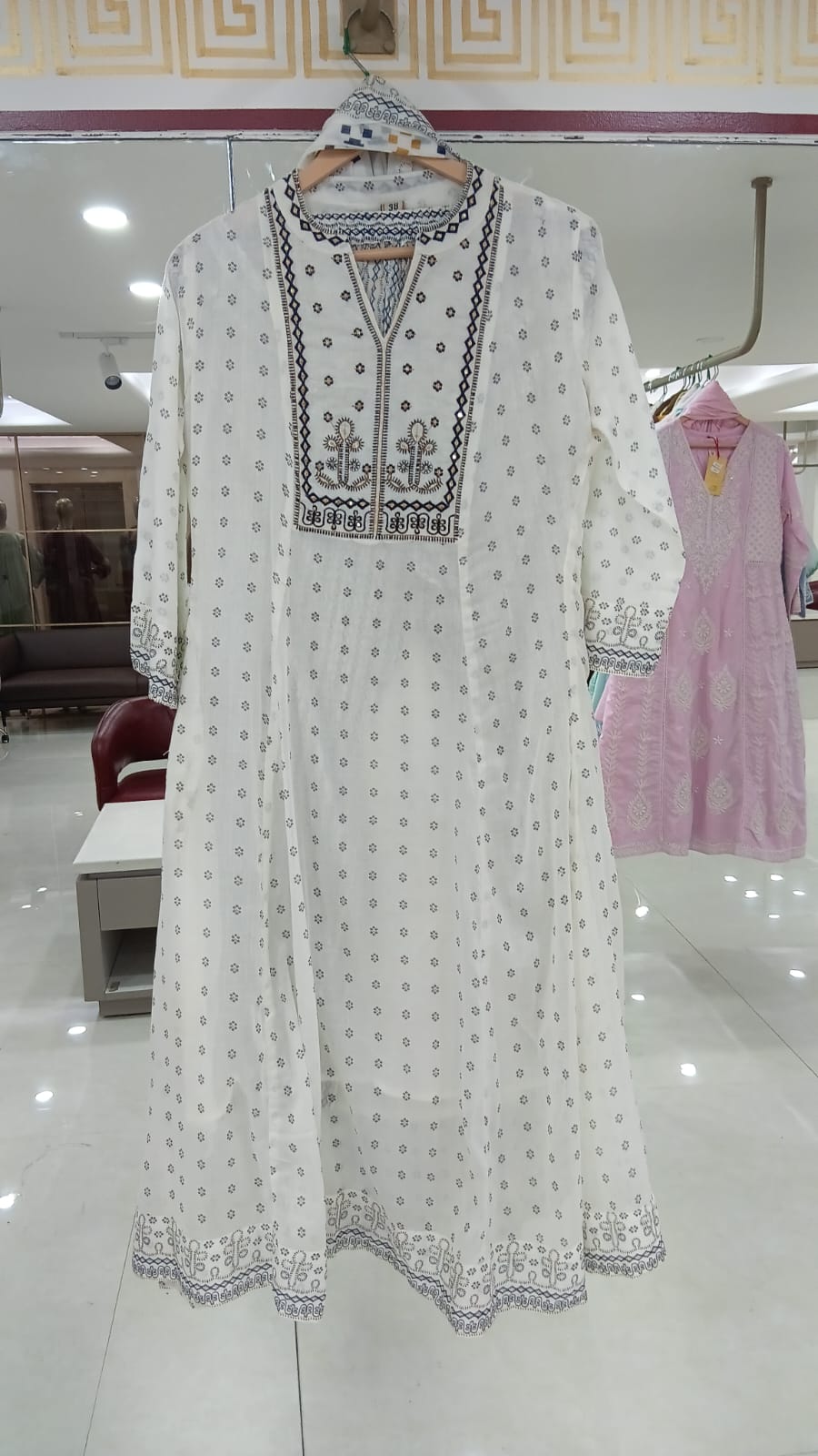 White and Black embroidery mul Cotton A Line Kurtha 151