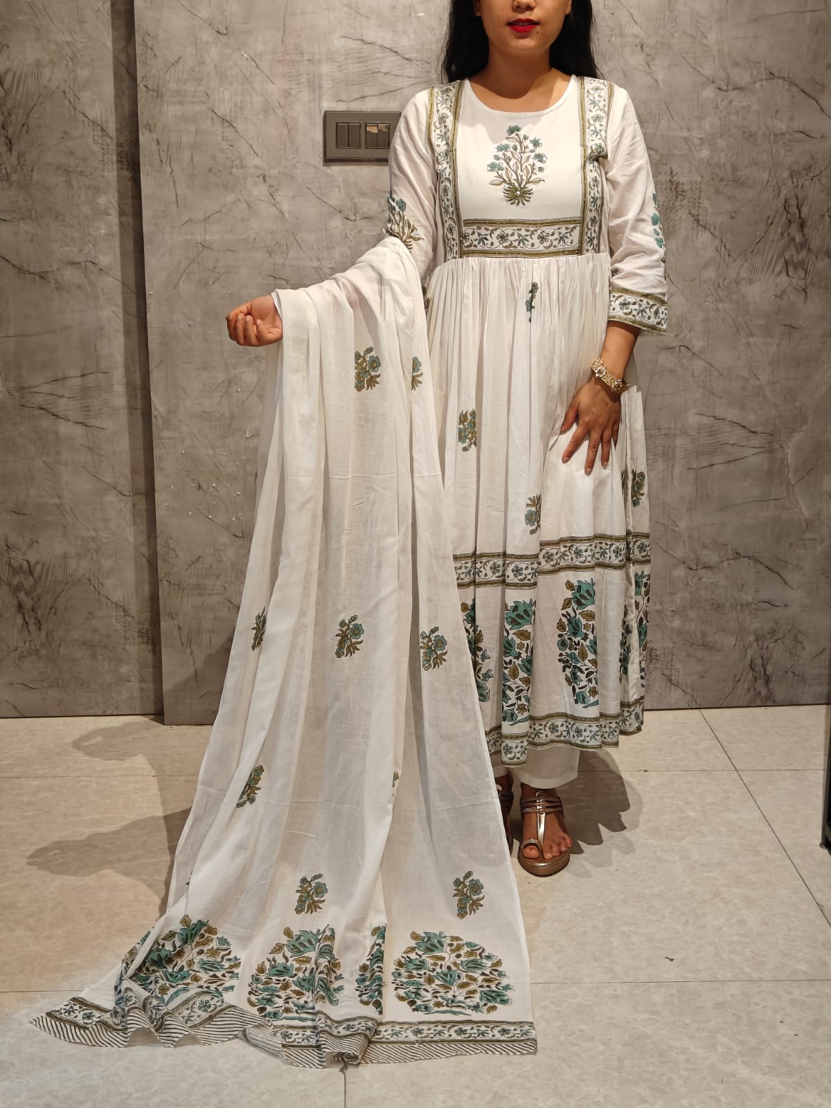 White n Green Mul Cotton Block Print Anarkali Kurtha 98