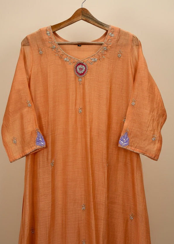 Orange Mul Chanderi Airline Handwork Kurtha