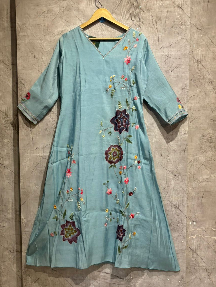 Blue  Mul Chanderi Thread Embroidery A Line Kurtha 63