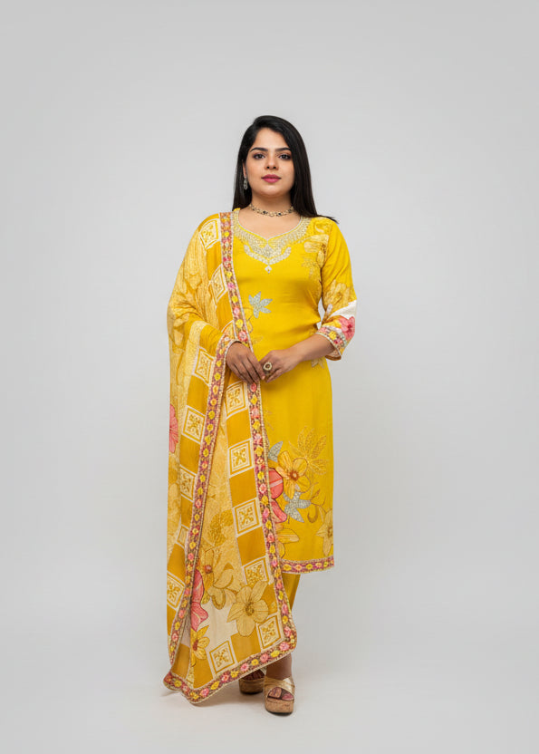 Yellow Digital Print Handwork Crepe Kurtha 533